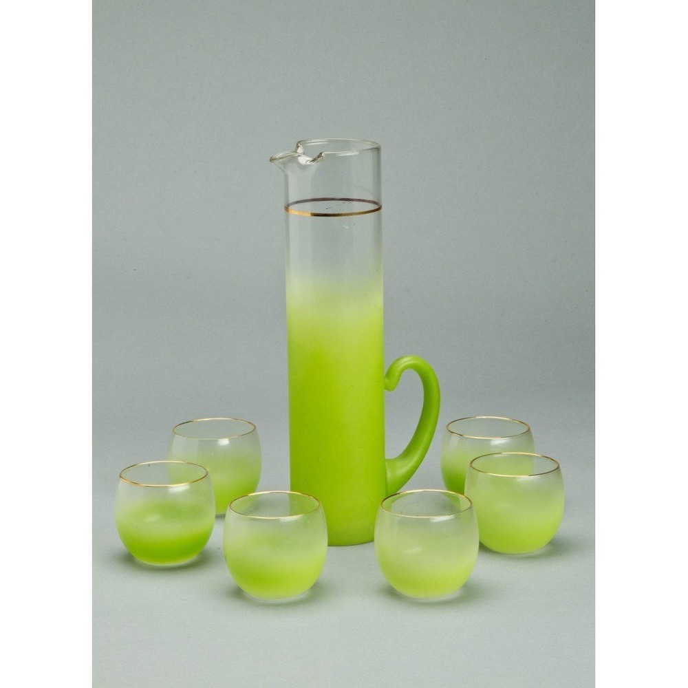 BLENDO‎ vintage MCM pitcher bowl round glasses Lime Green intact gold rims A+++